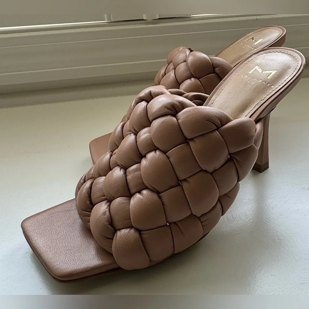 NEW MARC FISHER Dakini Square Toe Leather Slide/Sandal, Tan Size 5.5